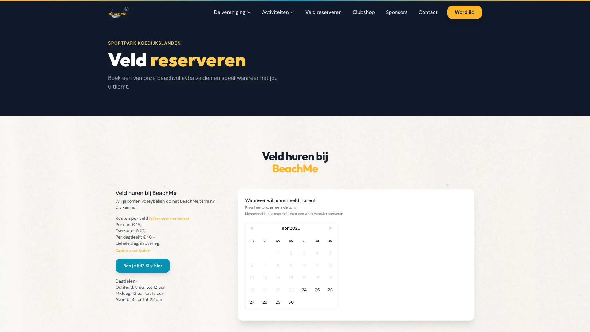 BeachMe website met informatie en aanmeldmogelijkheden voor de vereniging