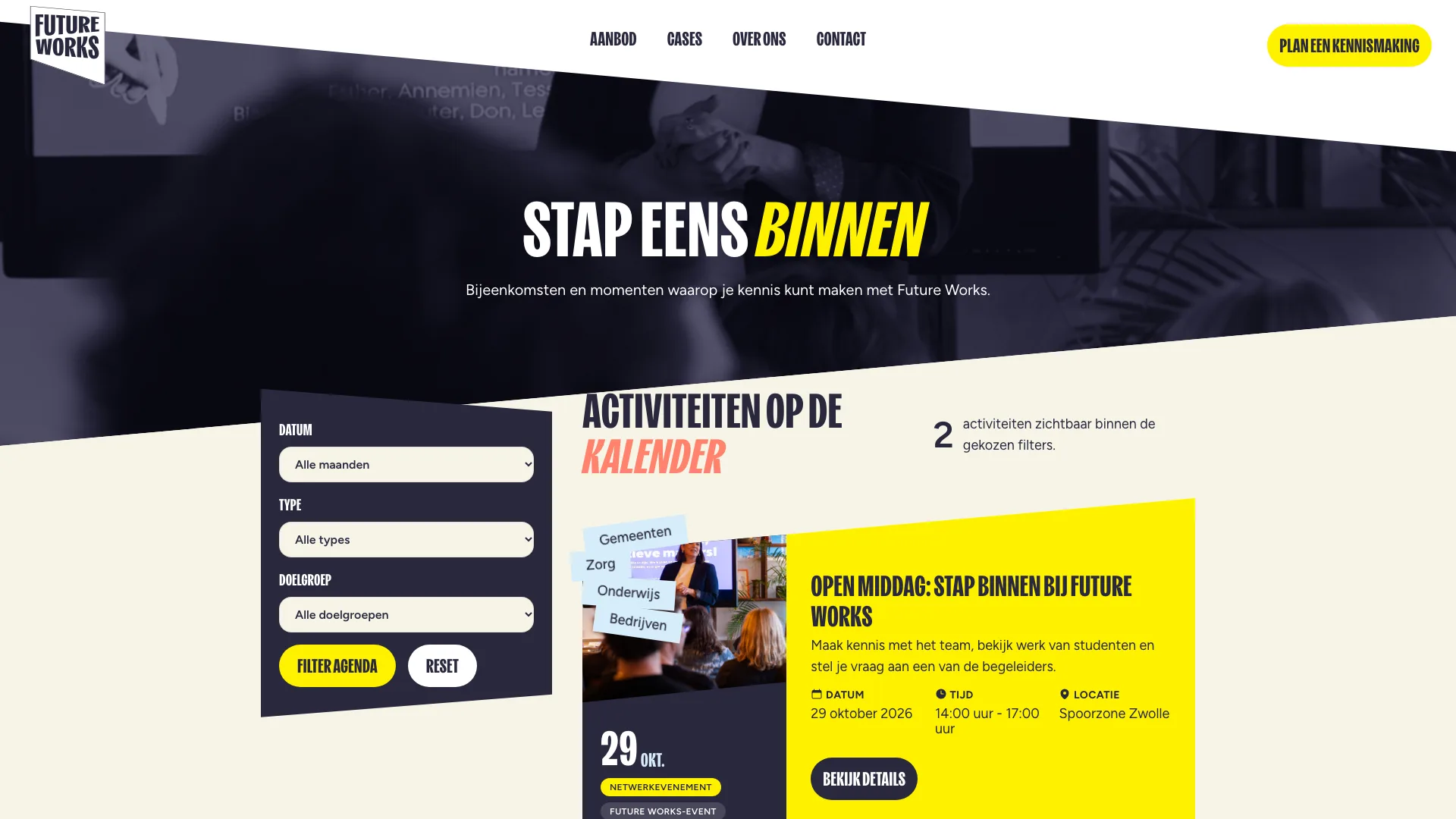 Agenda van Future Works met filters op datum, type en doelgroep