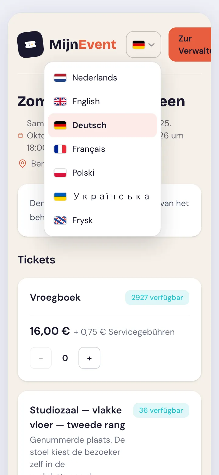 MijnEvent eventpagina in het Duits met de taalkeuze open: Nederlands, English, Deutsch, Français, Polski, Українська en Frysk