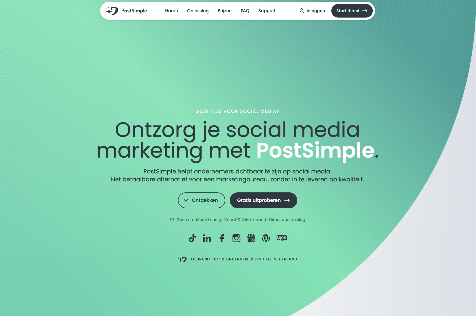 PostSimple homepage: AI-contentplatform voor ondernemers op social media